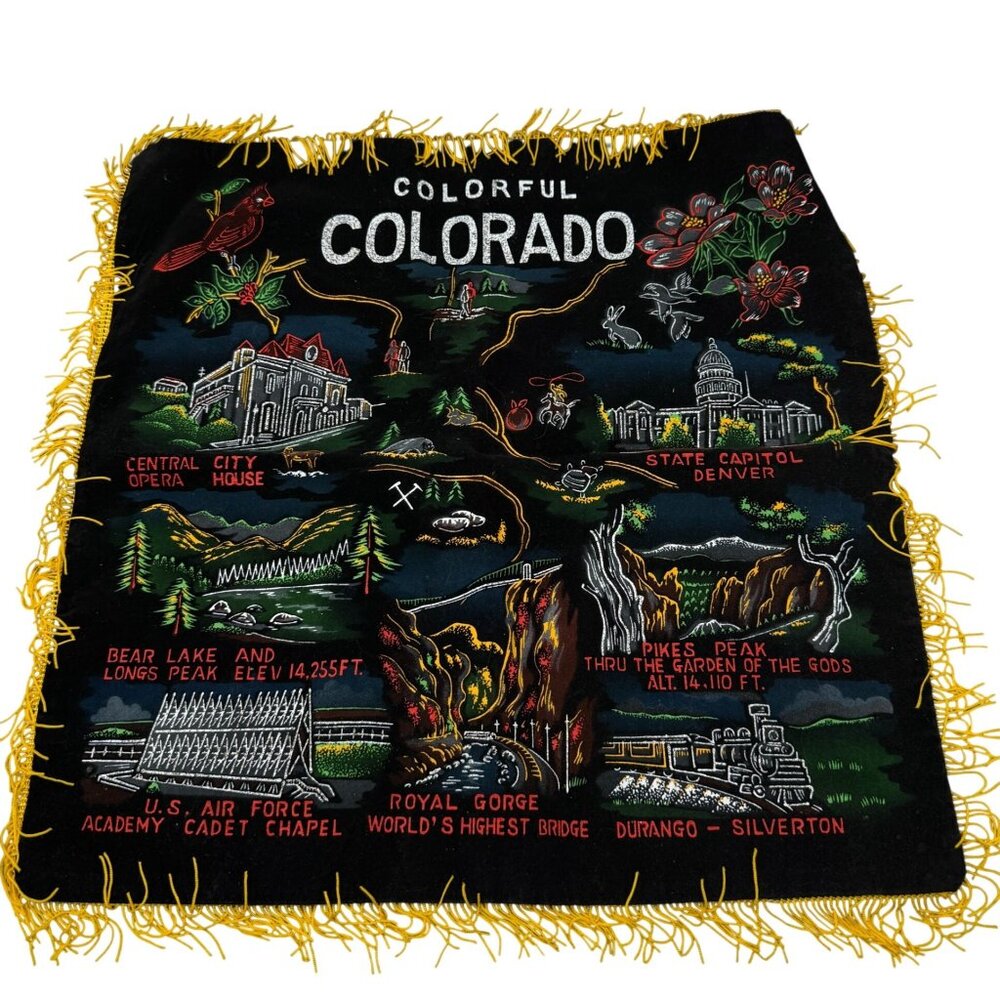 Vintage Colorful Colorado Souvenir Pillow Cover Velvet Fringed Landmarks 24”